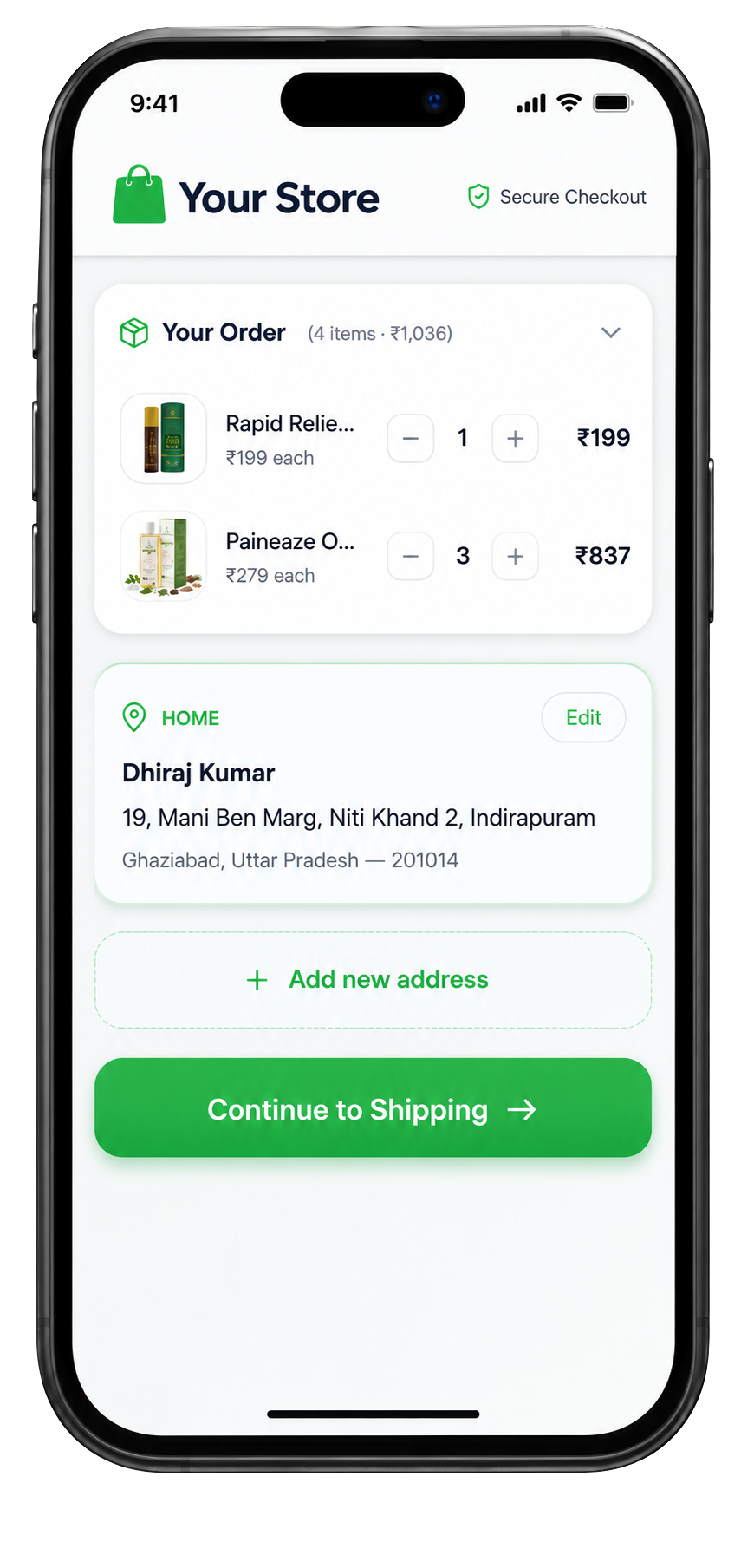 ZapU checkout saved address screen
